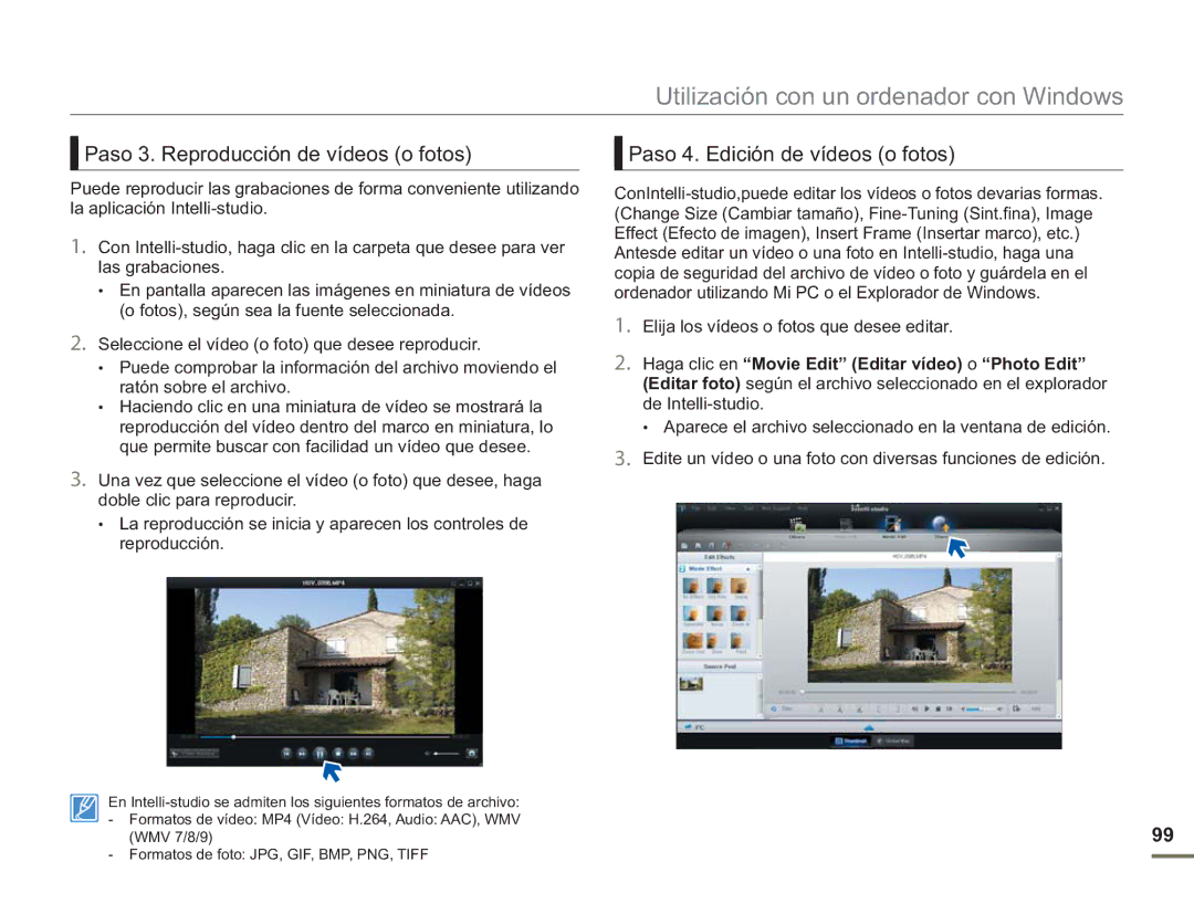 Samsung SMX-F50SP/EDC, SMX-F50BP/EDC manual Paso 3. Reproducción de vídeos o fotos, Paso 4. Edición de vídeos o fotos 