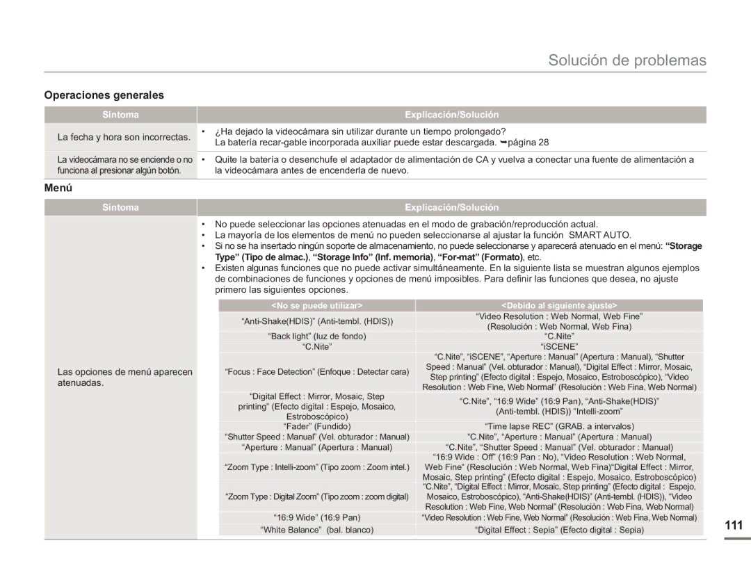 Samsung SMX-F50SP/EDC, SMX-F50BP/EDC, SMX-F50RP/EDC, SMX-F500XP/EDC, SMX-F500BP/EDC manual Operaciones generales, Menú, 111 