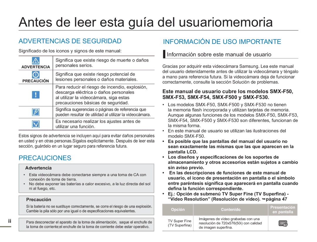 Samsung SMX-F500XP/EDC, SMX-F50BP/EDC Antes de leer esta guía del usuariomemoria, Advertencias DE Seguridad, Precauciones 