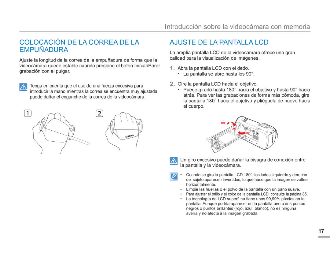 Samsung SMX-F50BP/EDC, SMX-F50RP/EDC, SMX-F500XP/EDC Colocación DE LA Correa DE LA Empuñadura, Ajuste DE LA Pantalla LCD 