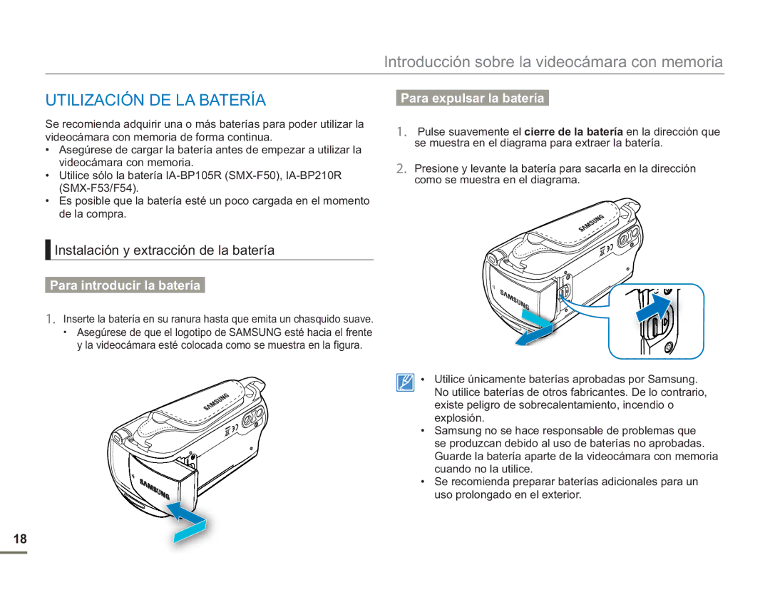 Samsung SMX-F50RP/EDC manual Utilización DE LA Batería, Instalación y extracción de la batería, Para introducir la batería 