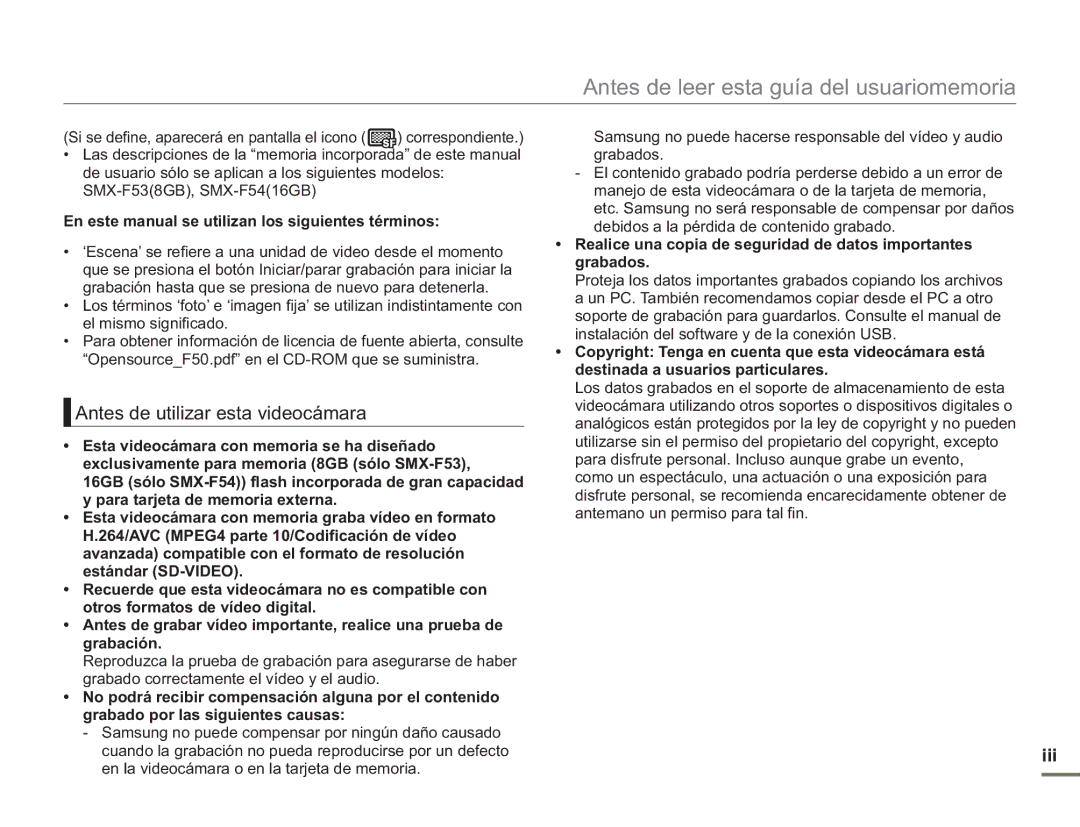 Samsung SMX-F500BP/EDC Antes de utilizar esta videocámara, Iii, En este manual se utilizan los siguientes términos 