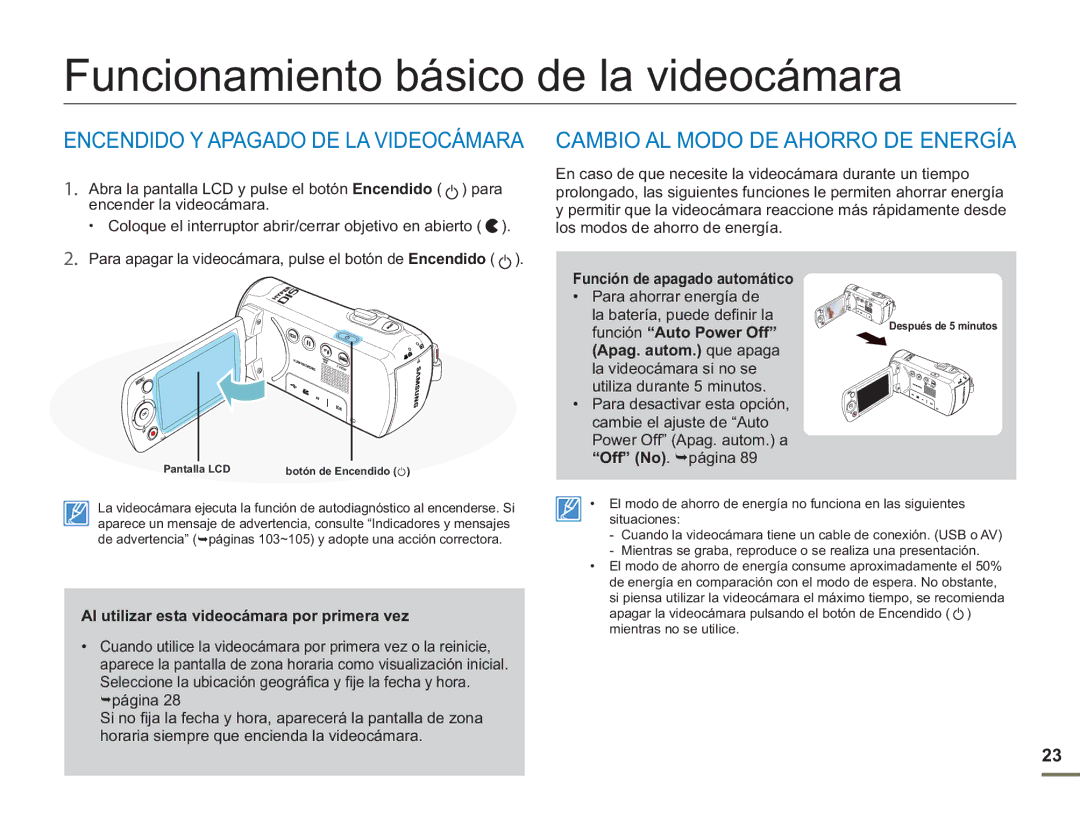 Samsung SMX-F50BP/EDC, SMX-F50RP/EDC manual Funcionamiento básico de la videocámara, Cambio AL Modo DE Ahorro DE Energía 