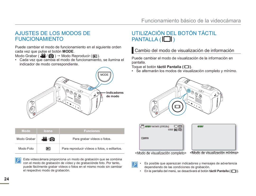 Samsung SMX-F50RP/EDC, SMX-F50BP/EDC manual Ajustes DE LOS Modos DE Funcionamiento, Utilización DEL Botón Táctil Pantalla 