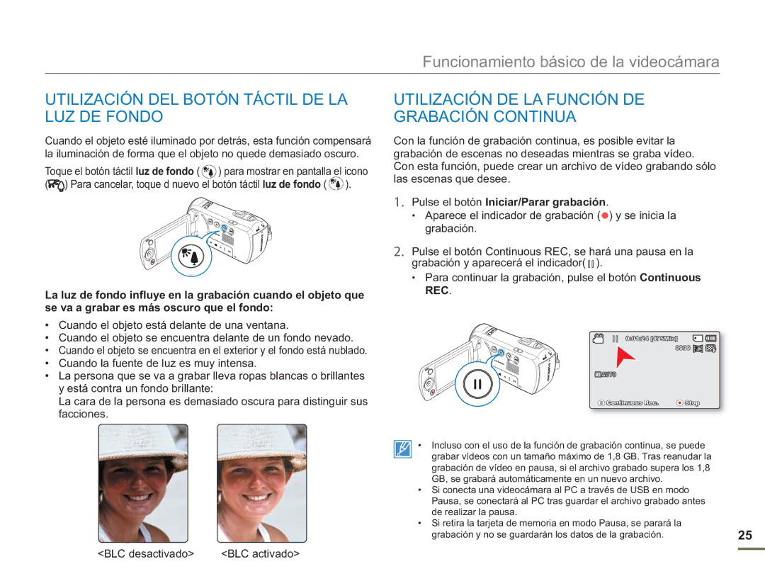 Samsung SMX-F500XP/EDC Utilización DEL Botón Táctil DE LA LUZ DE Fondo, Utilización DE LA Función DE Grabación Continua 