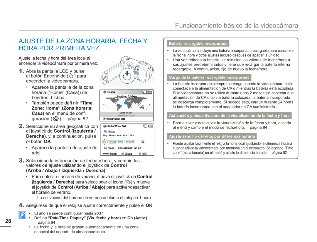 Samsung SMX-F500RP/EDC, SMX-F50BP/EDC manual Ajuste DE LA Zona HORARIA, Fecha Y Hora POR Primera VEZ, Zone Home Zona horaria 