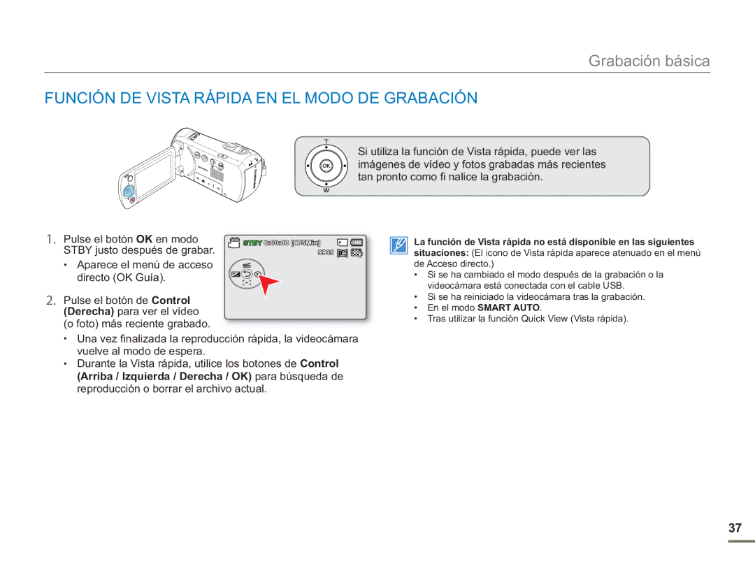 Samsung SMX-F500XP/EDC, SMX-F50BP/EDC, SMX-F50RP/EDC, SMX-F500BP/EDC manual Función DE Vista Rápida EN EL Modo DE Grabación 