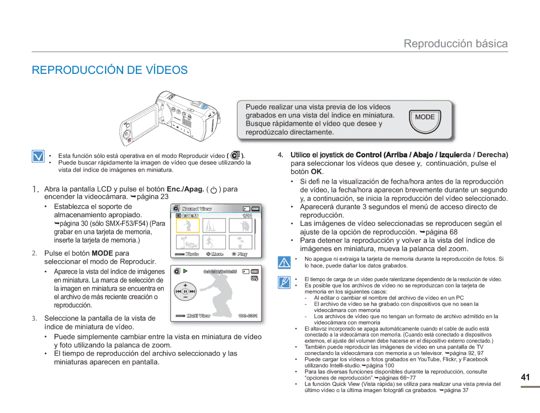 Samsung SMX-F50BP/EDC, SMX-F50RP/EDC Reproducción DE Vídeos, Almacenamiento apropiado, Seleccionar el modo de Reproducir 