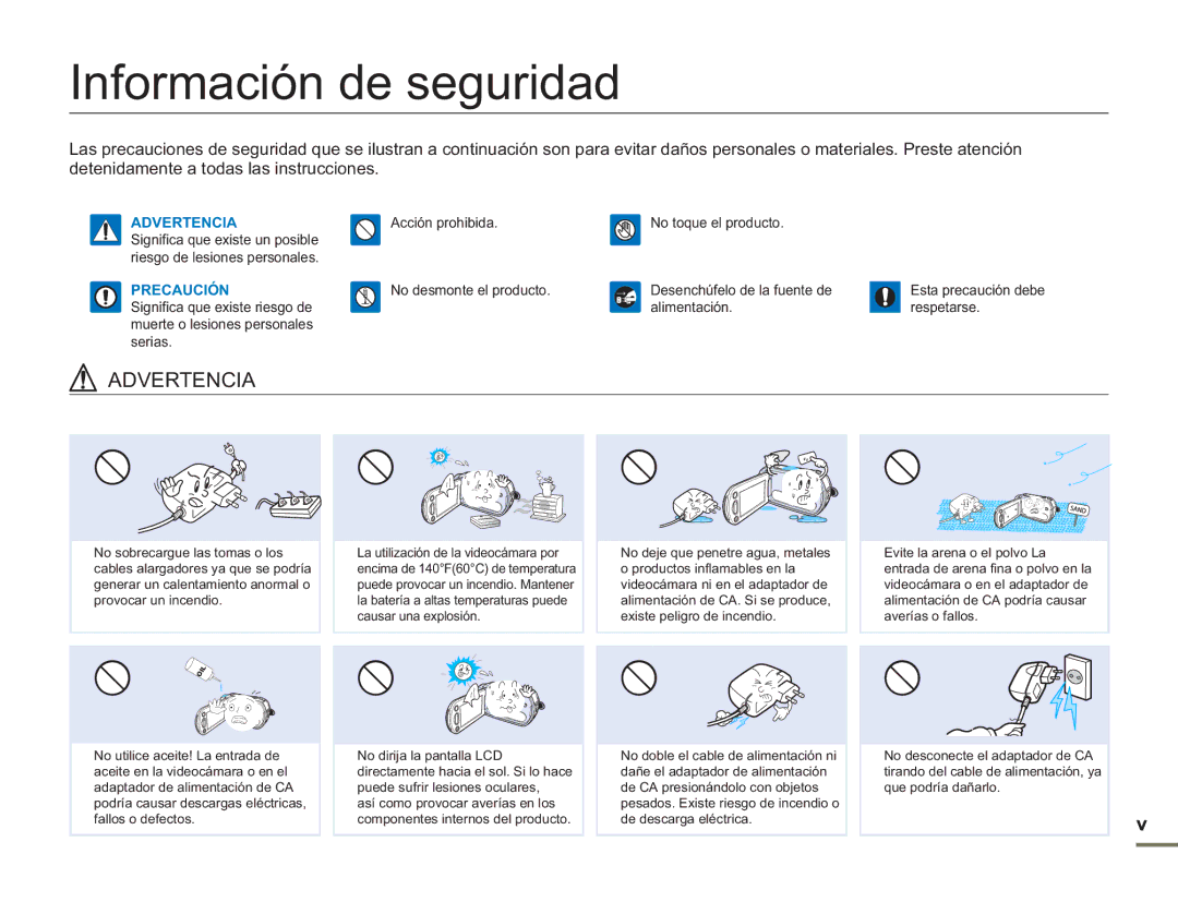 Samsung SMX-F500RP/EDC, SMX-F50BP/EDC, SMX-F50RP/EDC, SMX-F500XP/EDC, SMX-F500BP/EDC Información de seguridad, Advertencia 