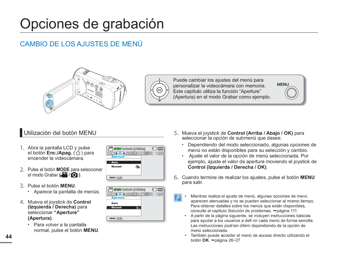 Samsung SMX-F500BP/EDC, SMX-F50BP/EDC Opciones de grabación, Cambio DE LOS Ajustes DE Menú, Utilización del botón Menu 