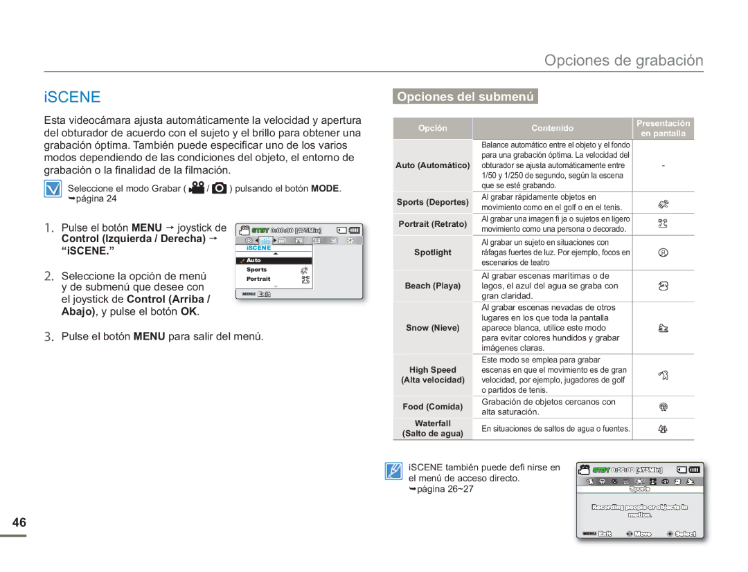 Samsung SMX-F500RP/EDC, SMX-F50BP/EDC, SMX-F50RP/EDC, SMX-F500XP/EDC manual Iscene, Presentación Contenido En pantalla 