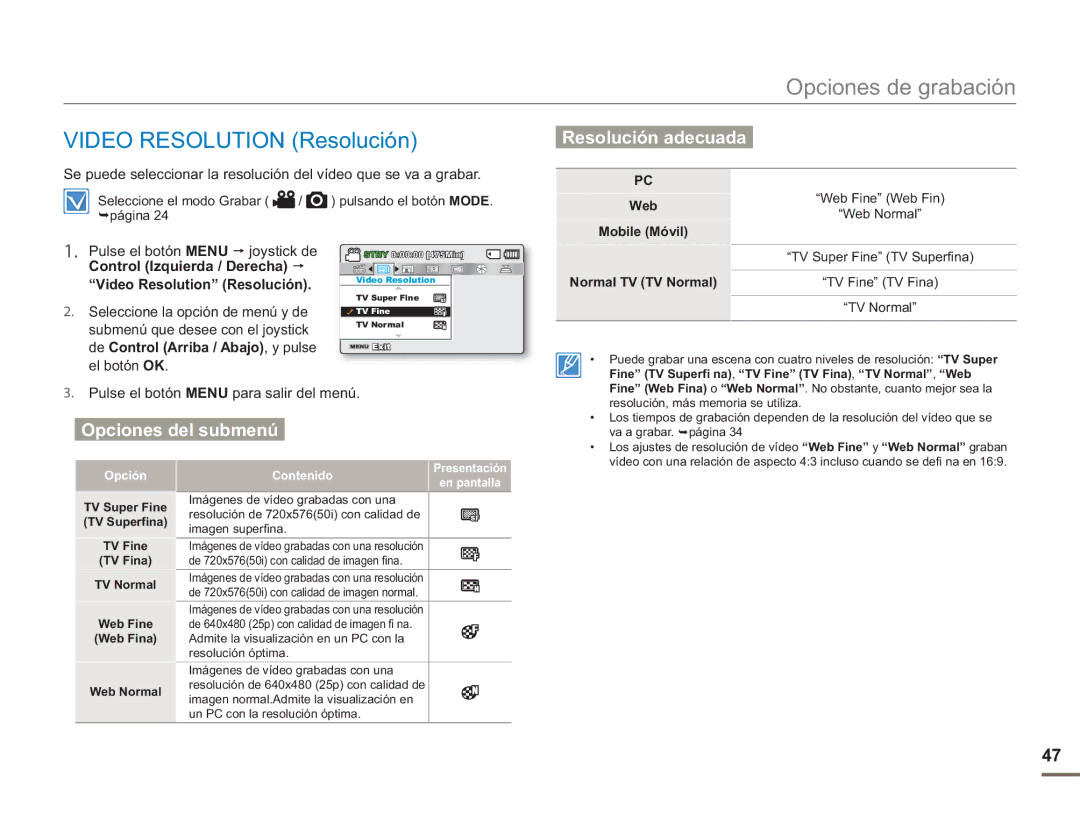 Samsung SMX-F50BP/EDC manual Video Resolution Resolución, Resolución adecuada, Web Mobile Móvil Normal TV TV Normal 