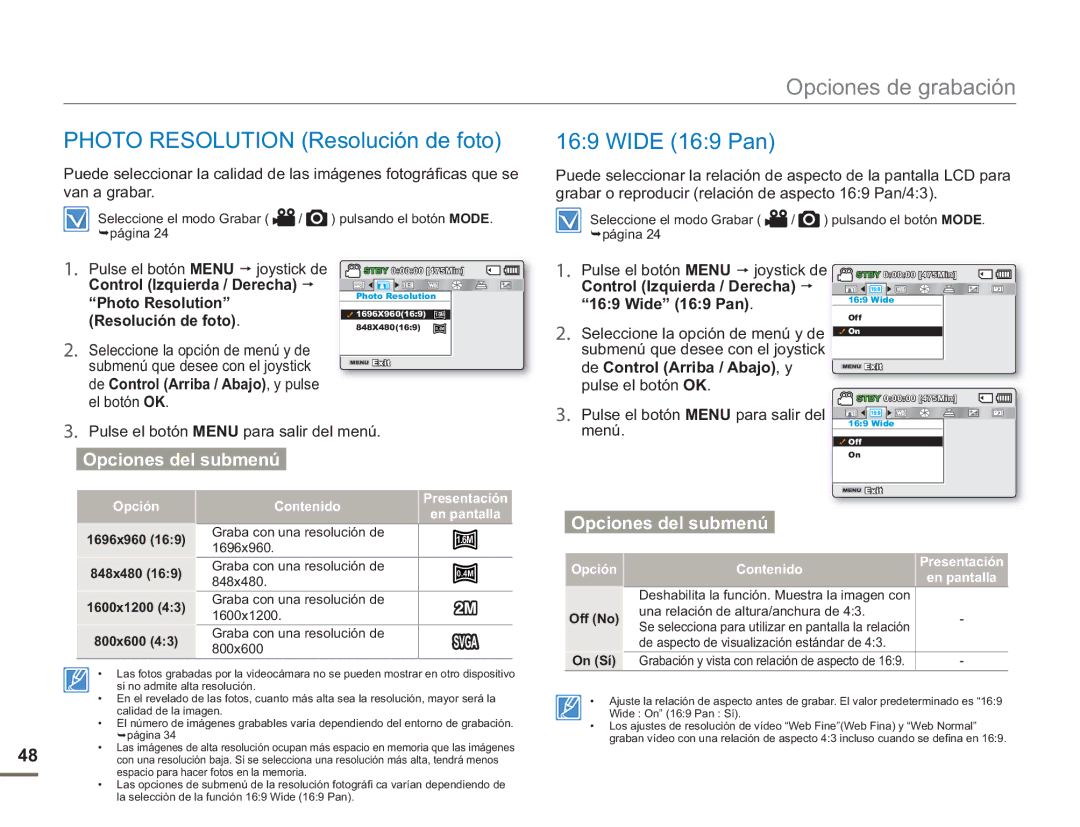 Samsung SMX-F50RP/EDC, SMX-F50BP/EDC, SMX-F500XP/EDC, SMX-F500BP/EDC manual Photo Resolution Resolución de foto Wide 169 Pan 