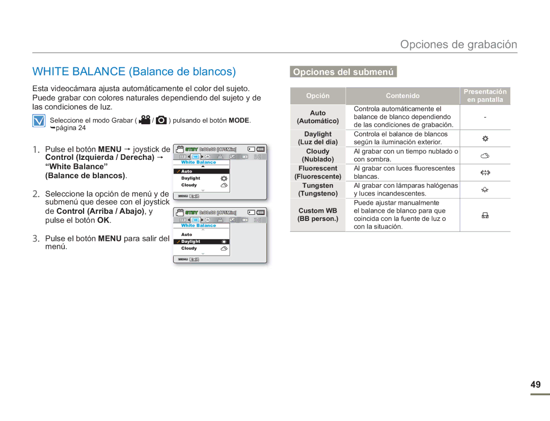 Samsung SMX-F500XP/EDC, SMX-F50BP/EDC, SMX-F50RP/EDC, SMX-F500BP/EDC, SMX-F50SP/EDC manual White Balance Balance de blancos 