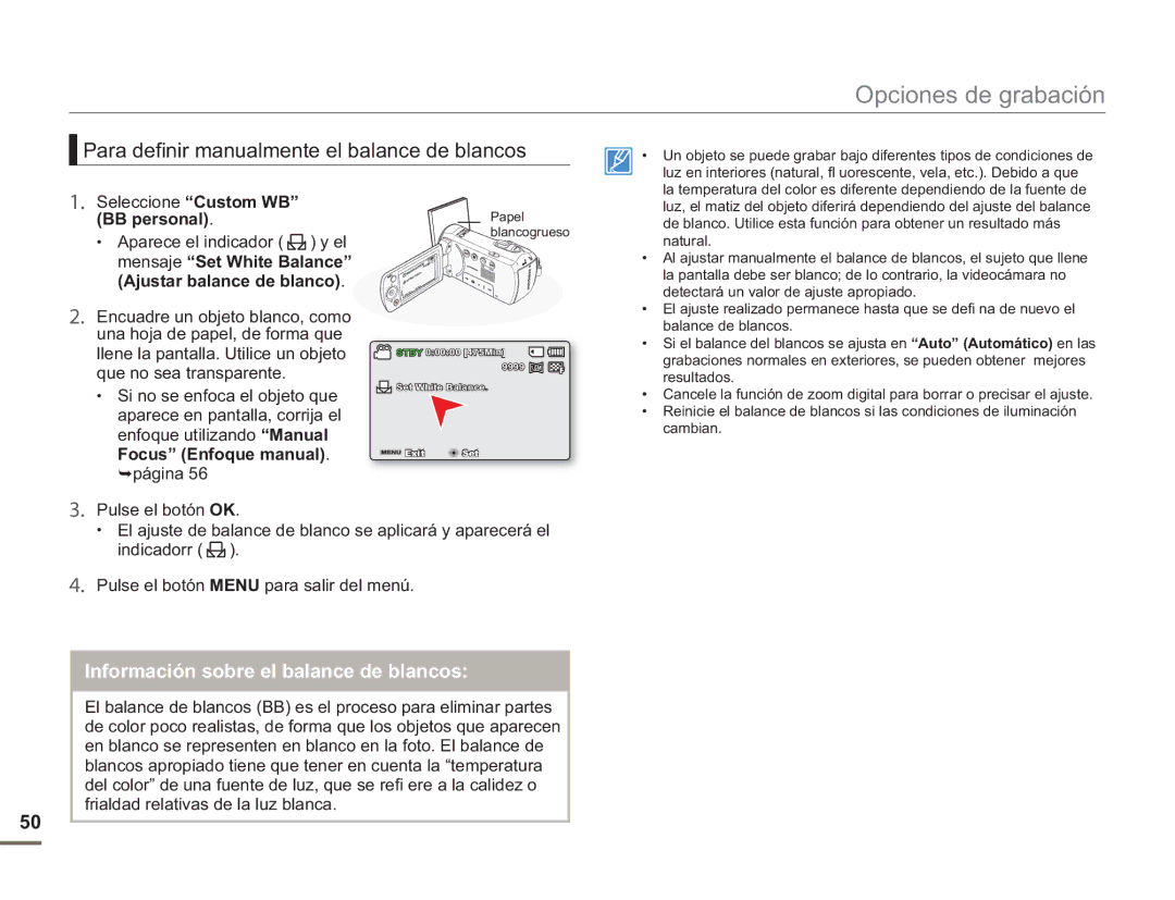 Samsung SMX-F500BP/EDC Para definir manualmente el balance de blancos, Información sobre el balance de blancos, Página 