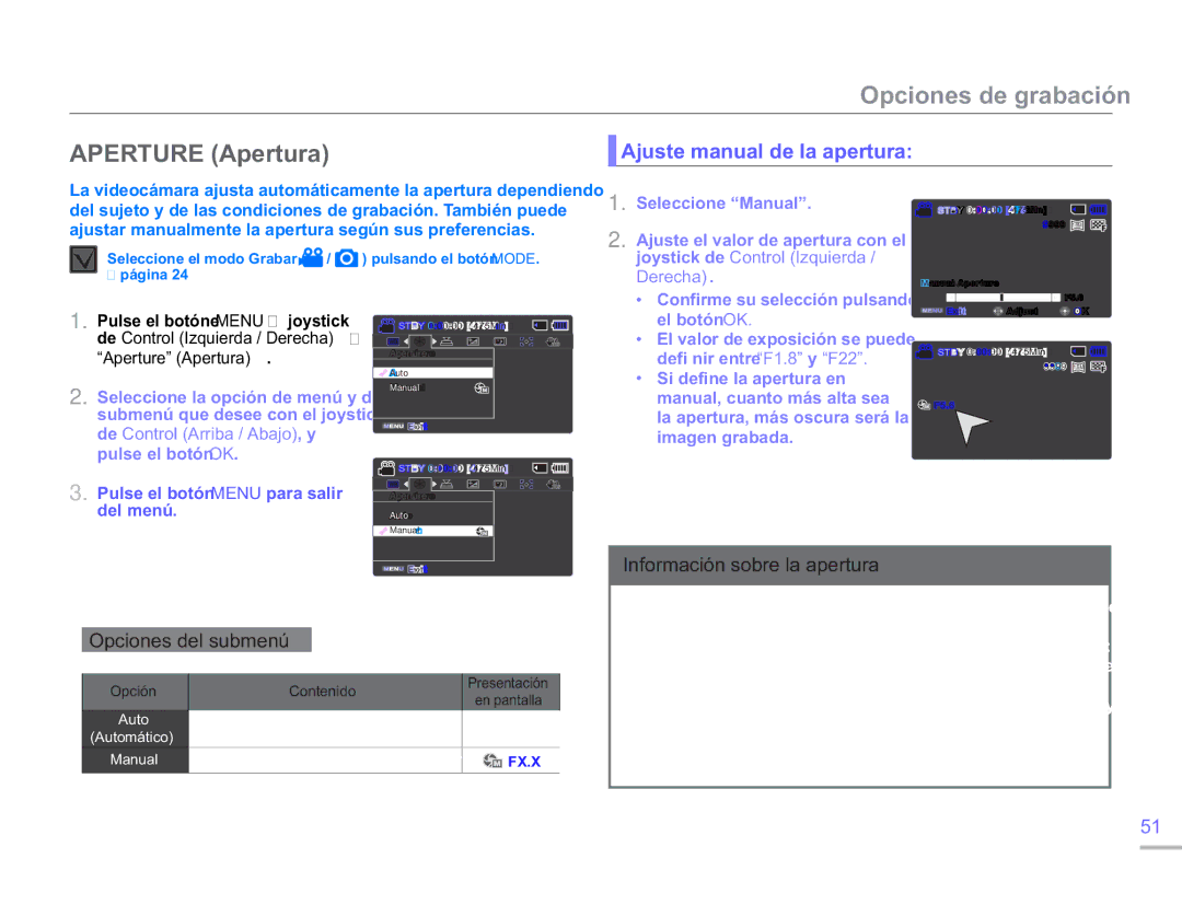 Samsung SMX-F50SP/EDC Aperture Apertura, Ajuste manual de la apertura, Opciones del submenú Información sobre la apertura 