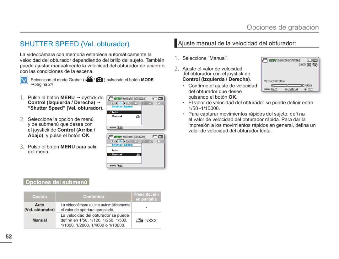 Samsung SMX-F500RP/EDC, SMX-F50BP/EDC Shutter Speed Vel. obturador, Ajuste manual de la velocidad del obturador 