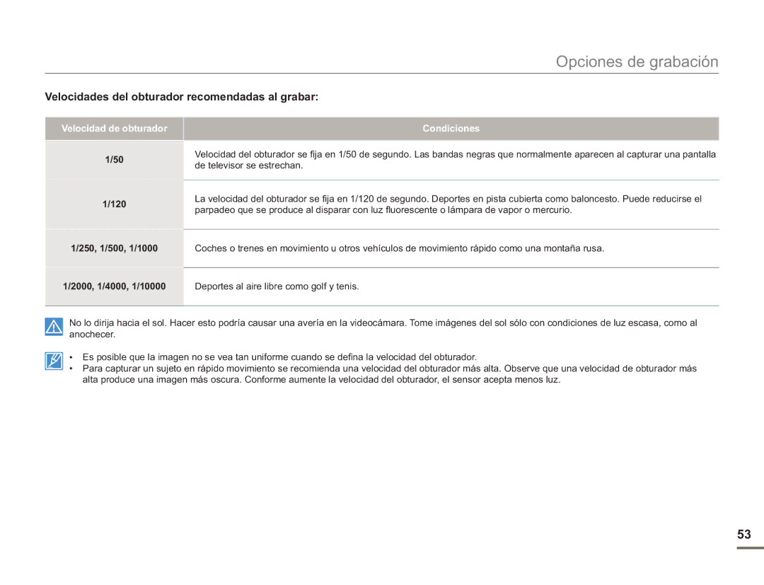 Samsung SMX-F50BP/EDC manual Velocidades del obturador recomendadas al grabar, Velocidad de obturador, 120, Condiciones 