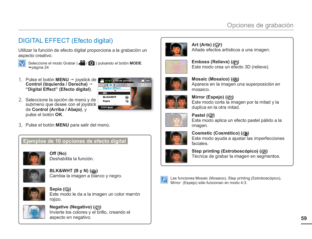 Samsung SMX-F50BP/EDC, SMX-F50RP/EDC manual Digital Effect Efecto digital, Ejemplos de 10 opciones de efecto digital 
