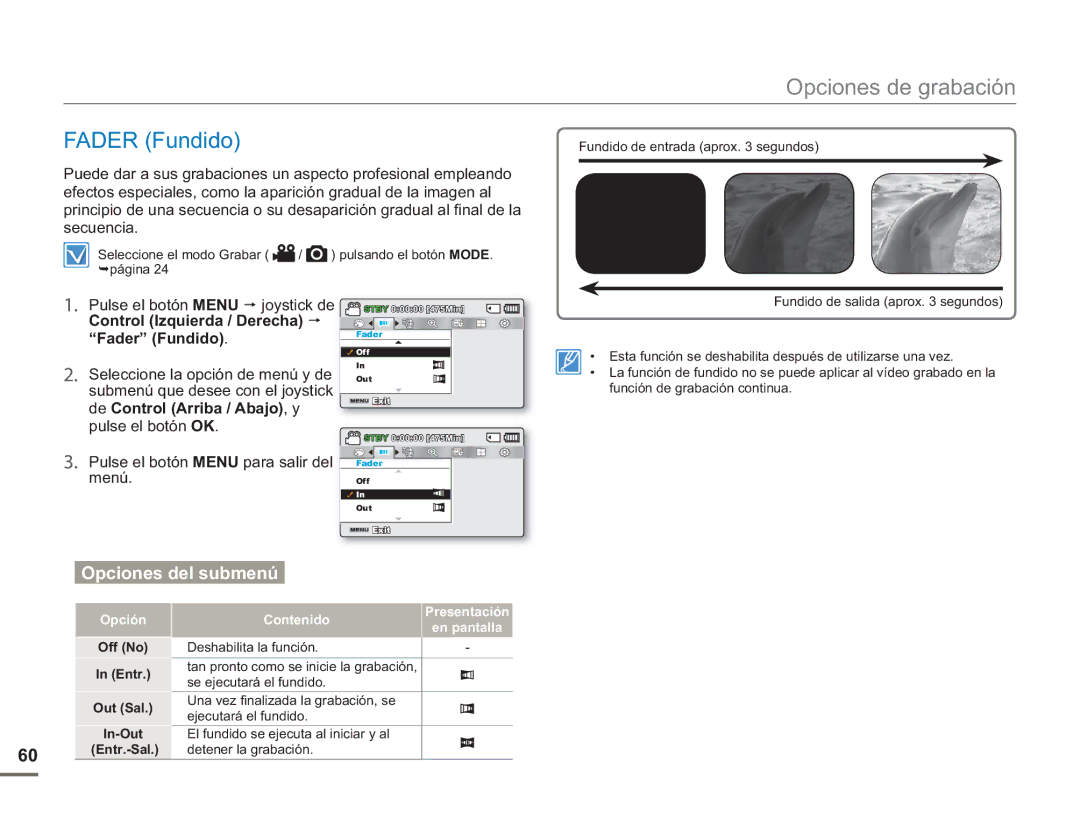 Samsung SMX-F50RP/EDC, SMX-F50BP/EDC, SMX-F500XP/EDC, SMX-F500BP/EDC Fader Fundido, Off No Entr Out Sal In-Out Entr.-Sal 