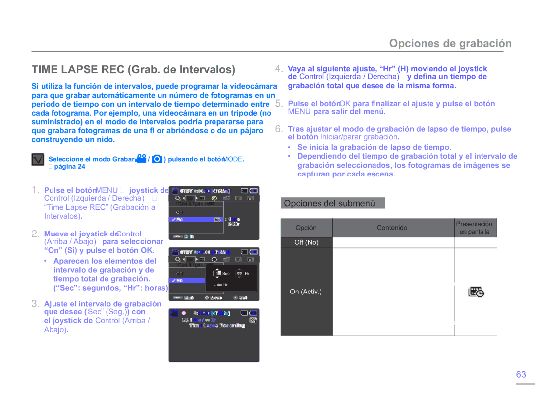 Samsung SMX-F50SP/EDC, SMX-F50BP/EDC Time Lapse REC Grab. de Intervalos, Time Lapse REC Grabación a, Contenido En pantalla 