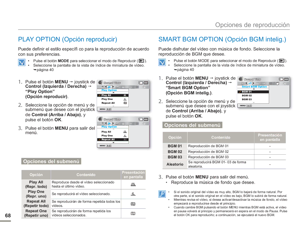 Samsung SMX-F500BP/EDC, SMX-F50BP/EDC Control Izquierda / Derecha Smart BGM Option, Opción BGM intelig, Opción reproducir 