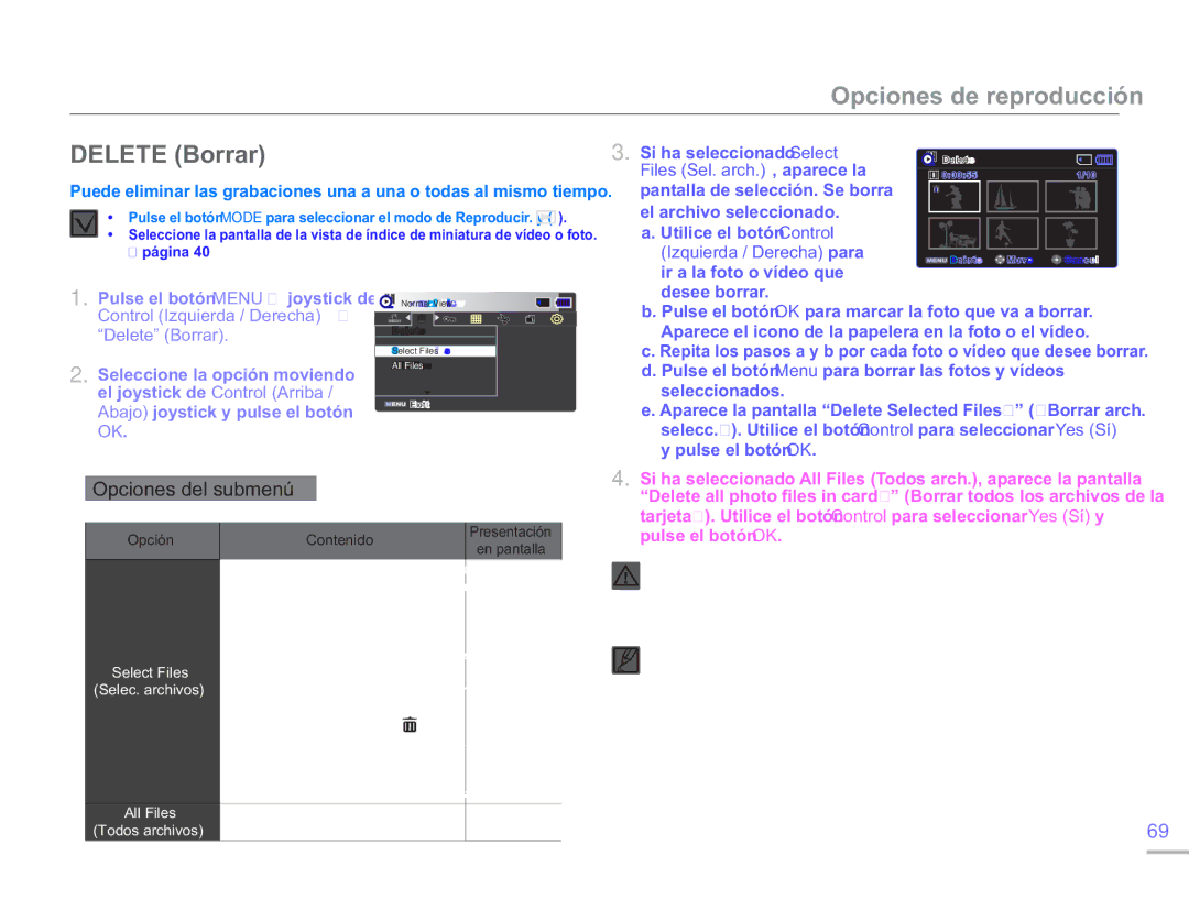 Samsung SMX-F50SP/EDC, SMX-F50BP/EDC manual Delete Borrar, Seleccione la opción moviendo, Abajo joystick y pulse el botón 