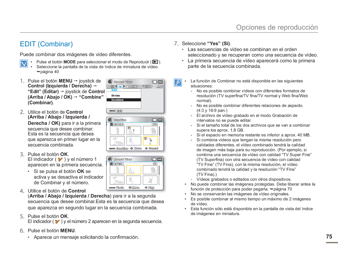 Samsung SMX-F50SP/EDC, SMX-F50BP/EDC manual Edit Combinar, El indicador y el número, Aparecen en la primera secuencia 