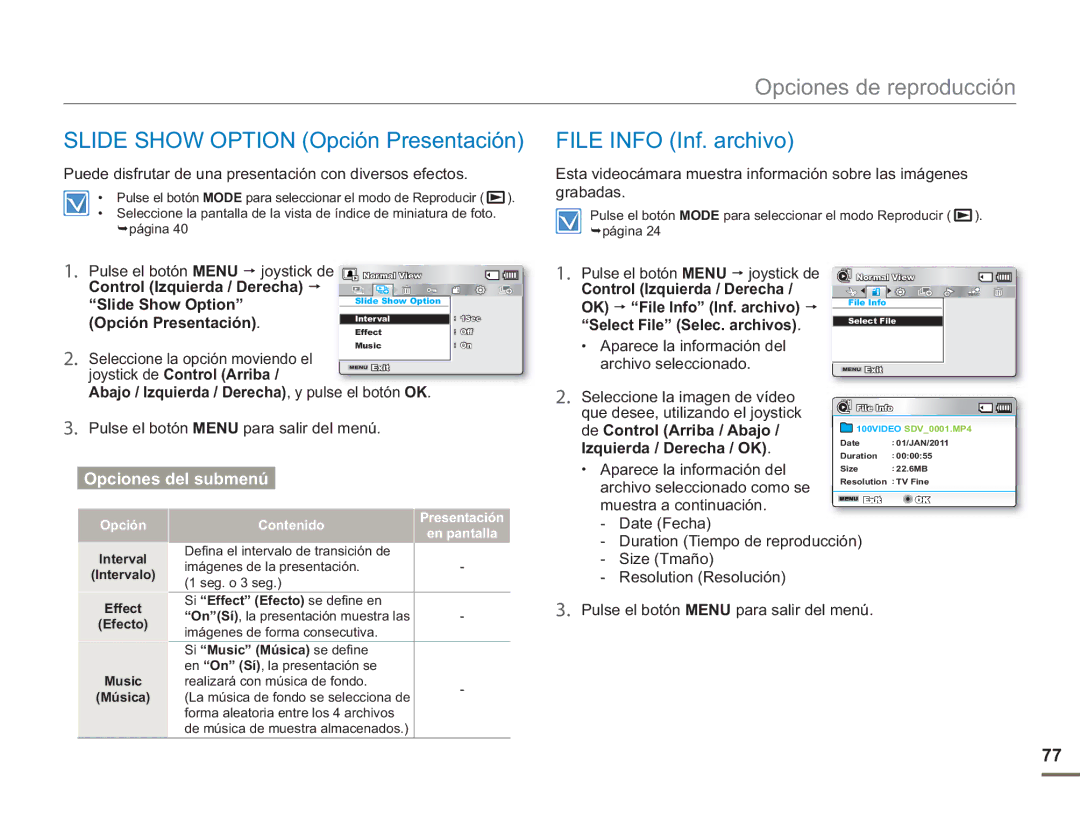 Samsung SMX-F50BP/EDC, SMX-F50RP/EDC, SMX-F500XP/EDC manual Slide Show Option Opción Presentación, File Info Inf. archivo 