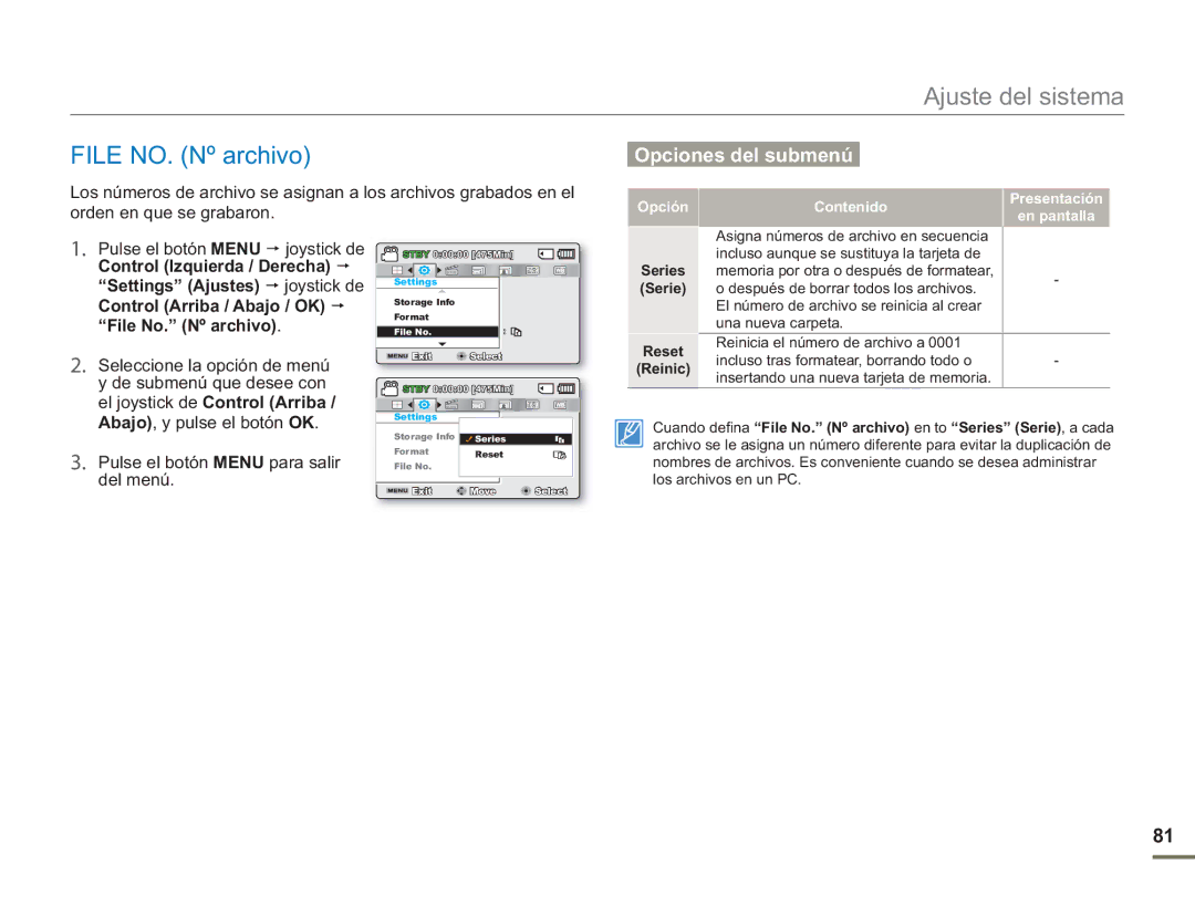 Samsung SMX-F50SP/EDC, SMX-F50BP/EDC, SMX-F50RP/EDC, SMX-F500XP/EDC manual File NO. Nº archivo, Series, Reset, Reinic 