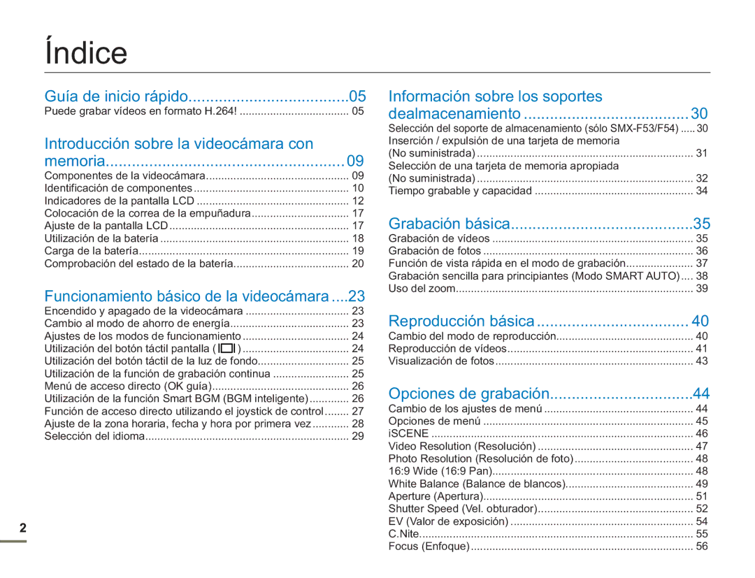 Samsung SMX-F500BP/EDC, SMX-F50BP/EDC manual Índice, Introducción sobre la videocámara con, Información sobre los soportes 