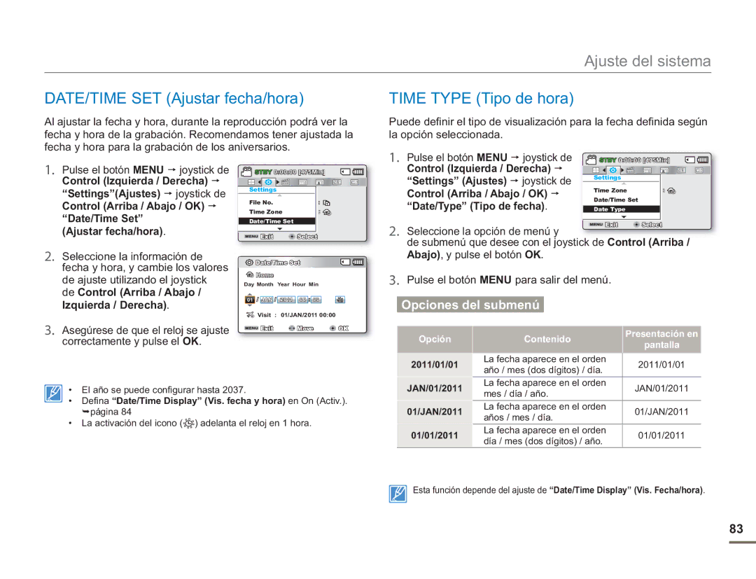 Samsung SMX-F50BP/EDC, SMX-F50RP/EDC, SMX-F500XP/EDC, SMX-F50SP/EDC DATE/TIME SET Ajustar fecha/hora, Time Type Tipo de hora 