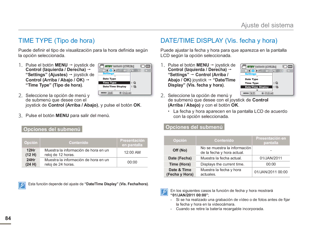 Samsung SMX-F50RP/EDC manual DATE/TIME Display Vis. fecha y hora, Time Type Tipo de hora, Seleccione la opción de menú y 