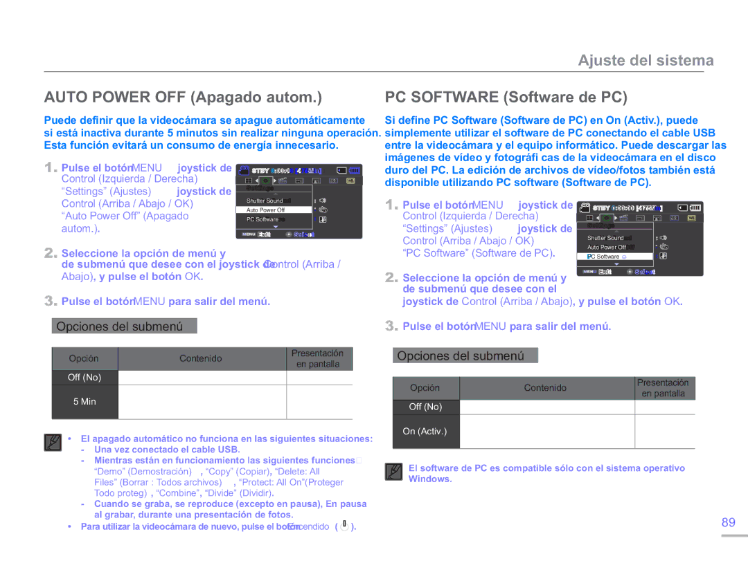 Samsung SMX-F50BP/EDC manual Auto Power OFF Apagado autom PC Software Software de PC, Auto Power Off Apagado, Autom 