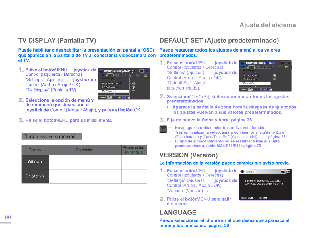 Samsung SMX-F50RP/EDC, SMX-F50BP/EDC TV Display Pantalla TV, Default SET Ajuste predeterminado, Version Versión, Language 