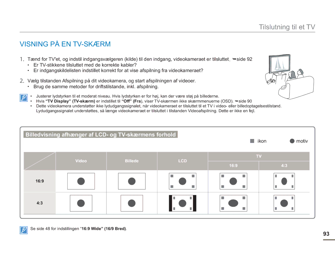 Samsung SMX-F50RP/EDC manual Visning PÅ EN TV-SKÆRM, Billedvisning afhænger af LCD- og TV-skærmens forhold, Ikon Motiv, 169 