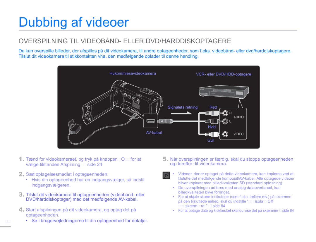 Samsung SMX-F50SP/EDC, SMX-F50BP/EDC manual Dubbing af videoer, Overspilning TIL VIDEOBÅND- Eller DVD/HARDDISKOPTAGERE 