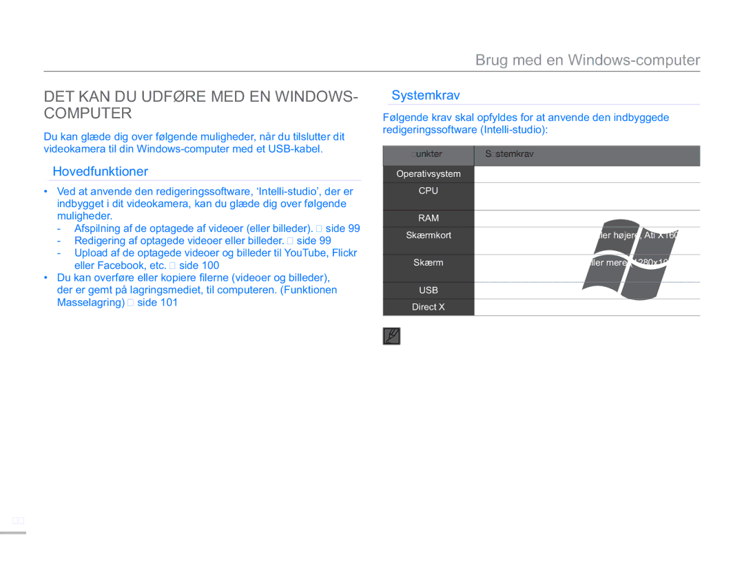 Samsung SMX-F50RP/EDC, SMX-F50BP/EDC DET KAN DU Udføre MED EN WINDOWS- Computer, Hovedfunktioner, Punkter Systemkrav 