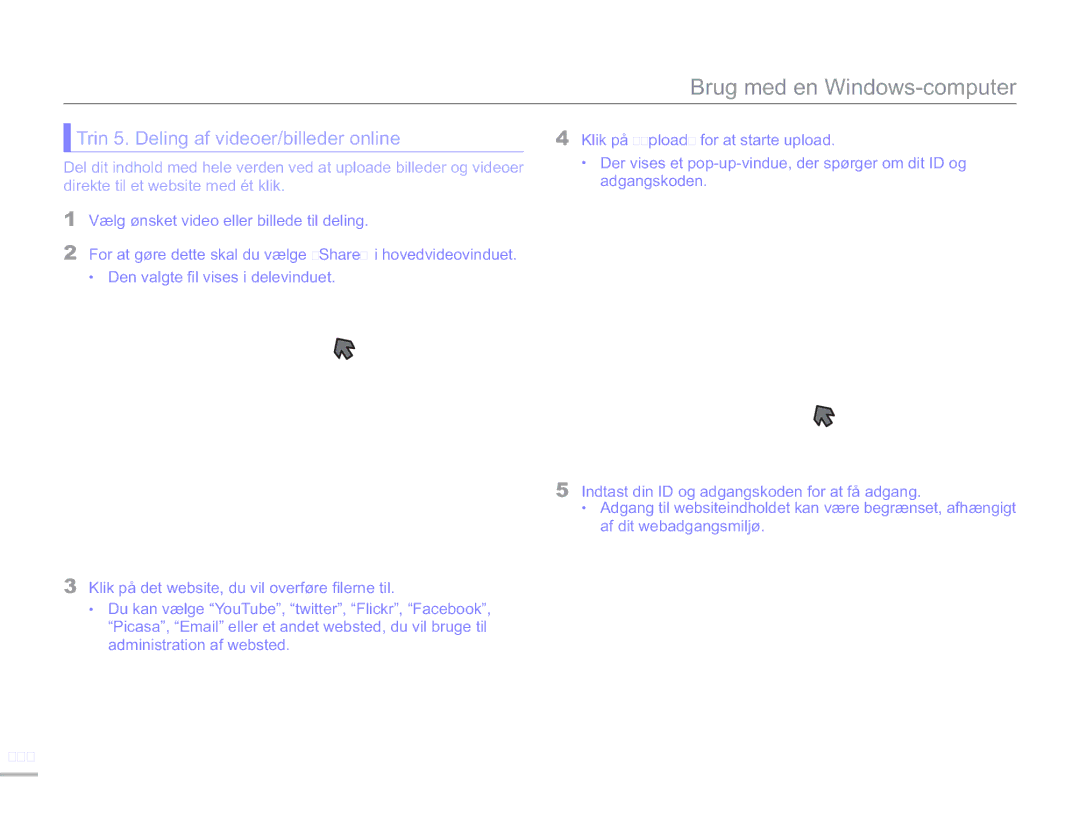 Samsung SMX-F50SP/EDC, SMX-F50BP/EDC, SMX-F50RP/EDC manual Trin 5. Deling af videoer/billeder online, 100 