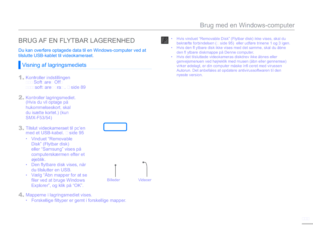 Samsung SMX-F50BP/EDC manual Brug AF EN Flytbar Lagerenhed, Visning af lagringsmediets, 101, Kontroller indstillingen 