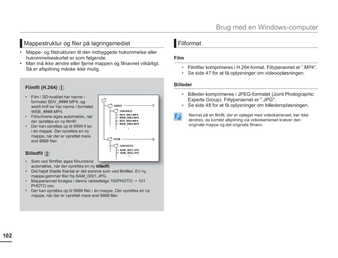 Samsung SMX-F50RP/EDC, SMX-F50BP/EDC, SMX-F50SP/EDC manual Mappestruktur og filer på lagringsmediet, Filformat, 102 