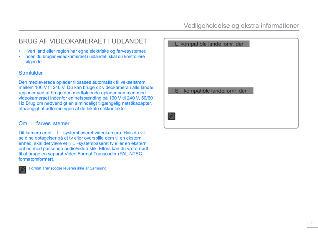 Samsung SMX-F50BP/EDC manual Brug AF Videokameraet I Udlandet, PAL-kompatible lande/områder, NTSC-kompatible lande/områder 