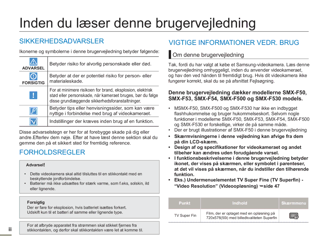 Samsung SMX-F50SP/EDC, SMX-F50BP/EDC manual Inden du læser denne brugervejledning, Sikkerhedsadvarsler, Forholdsregler 