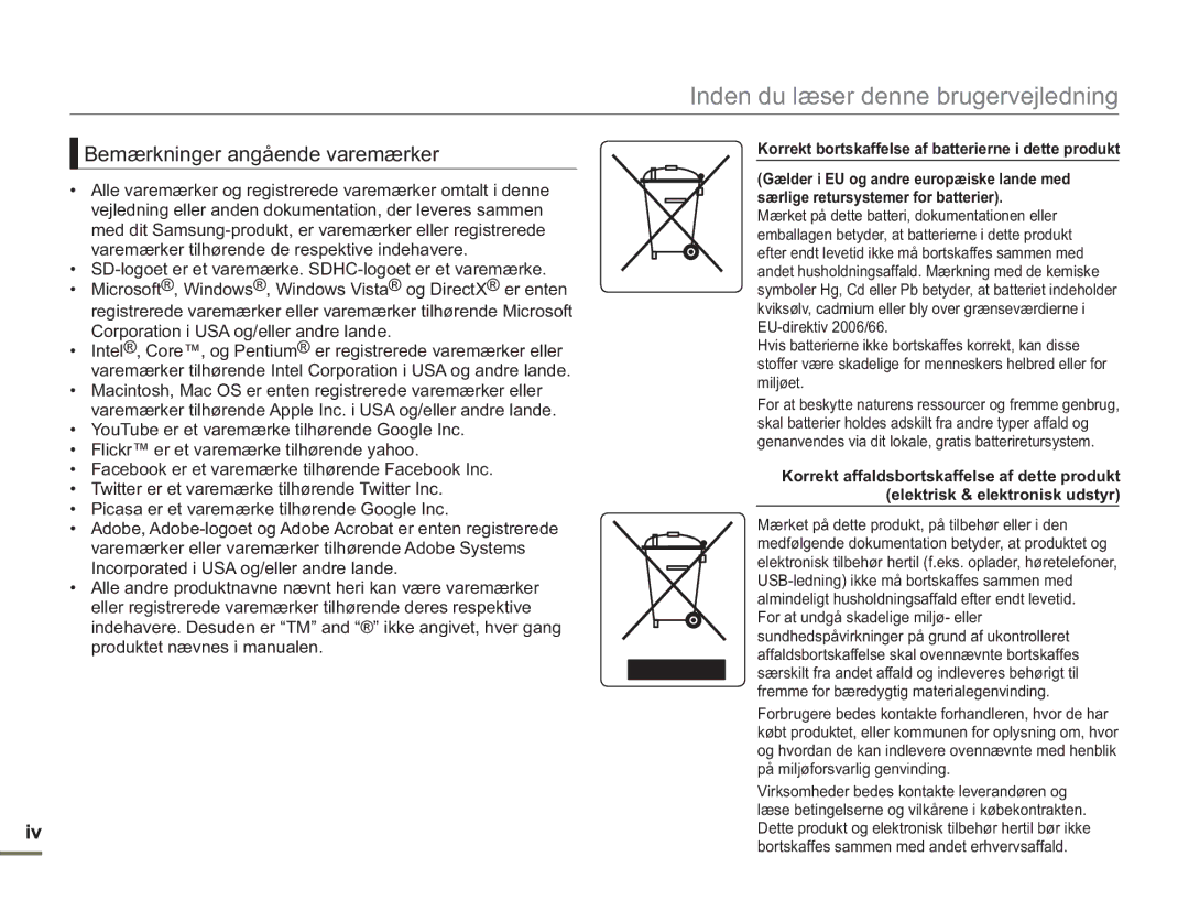 Samsung SMX-F50RP/EDC manual Bemærkninger angående varemærker, Korrekt bortskaffelse af batterierne i dette produkt 