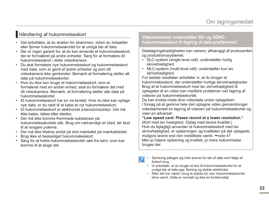 Samsung SMX-F50RP/EDC, SMX-F50BP/EDC, SMX-F50SP/EDC manual Håndtering af hukommelseskort 