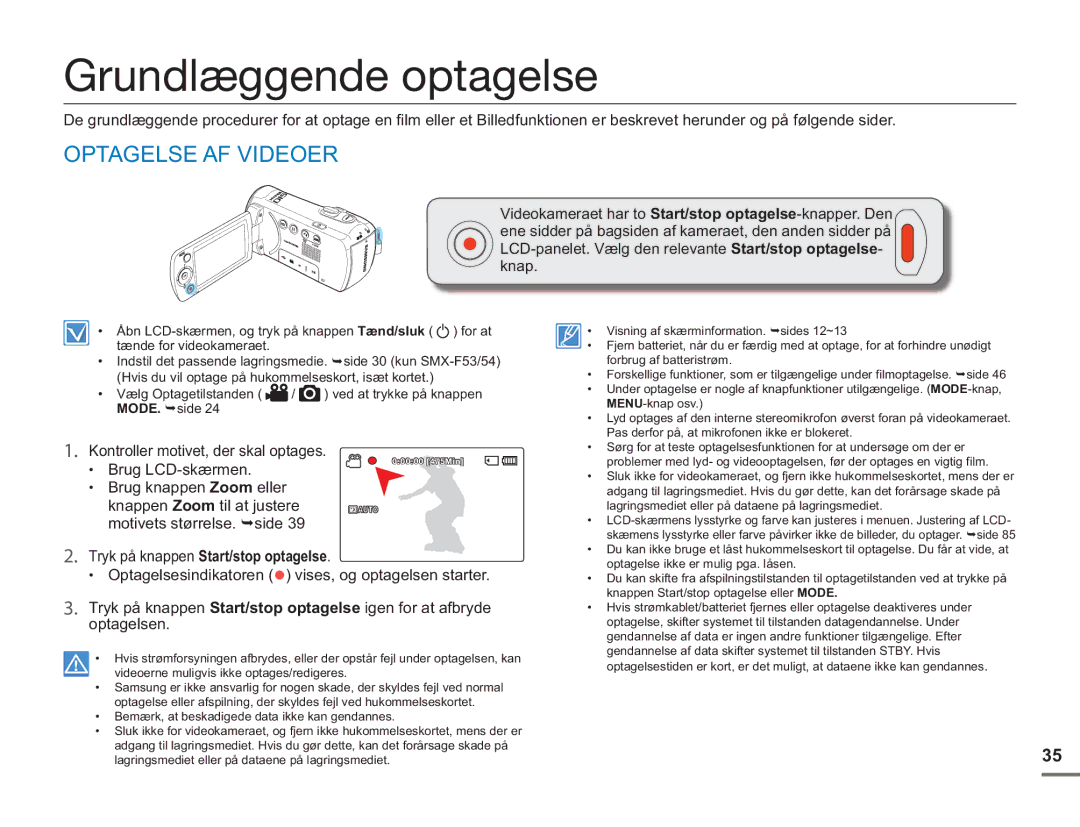 Samsung SMX-F50BP/EDC, SMX-F50RP/EDC Grundlæggende optagelse, Optagelse AF Videoer, Kontroller motivet, der skal optages 