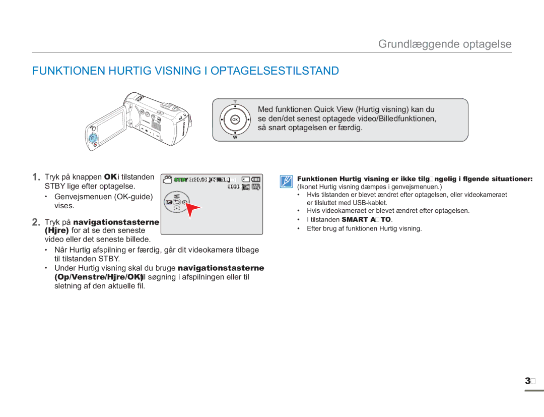 Samsung SMX-F50SP/EDC, SMX-F50BP/EDC manual Funktionen Hurtig Visning I Optagelsestilstand, Genvejsmenuen OK-guide vises 