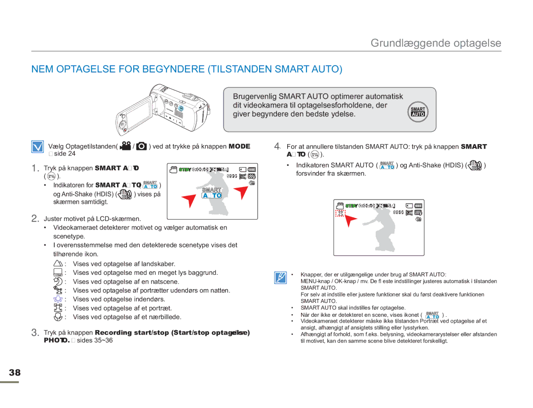 Samsung SMX-F50BP/EDC, SMX-F50RP/EDC, SMX-F50SP/EDC manual NEM Optagelse for Begyndere Tilstanden Smart Auto 