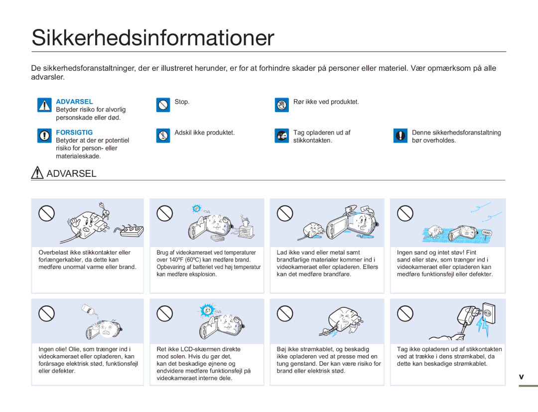 Samsung SMX-F50SP/EDC, SMX-F50BP/EDC, SMX-F50RP/EDC manual Sikkerhedsinformationer, Forsigtig 