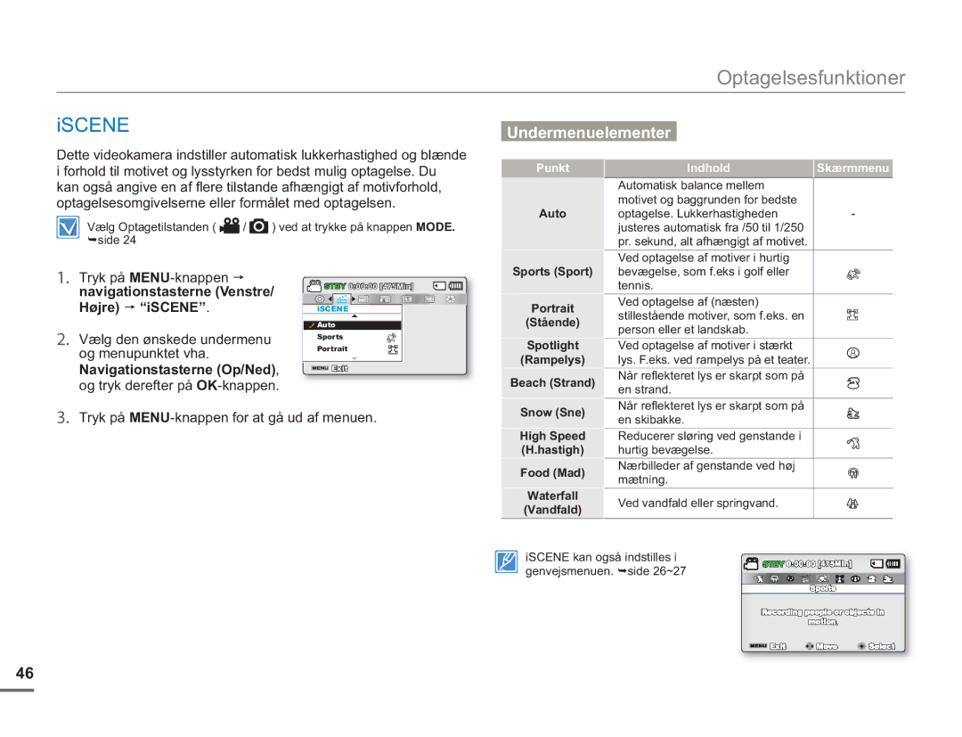 Samsung SMX-F50SP/EDC Iscene, Vælg den ønskede undermenu og menupunktet vha, Tryk på MENU-knappen for at gå ud af menuen 